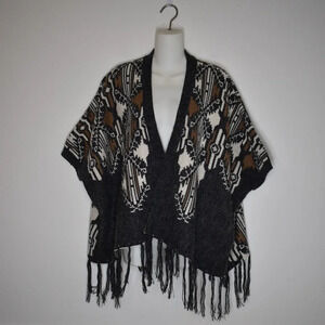 Boho Cardigan Poncho Sz O/S Crop Fringed Neutral Tribal Southwestern Aztec